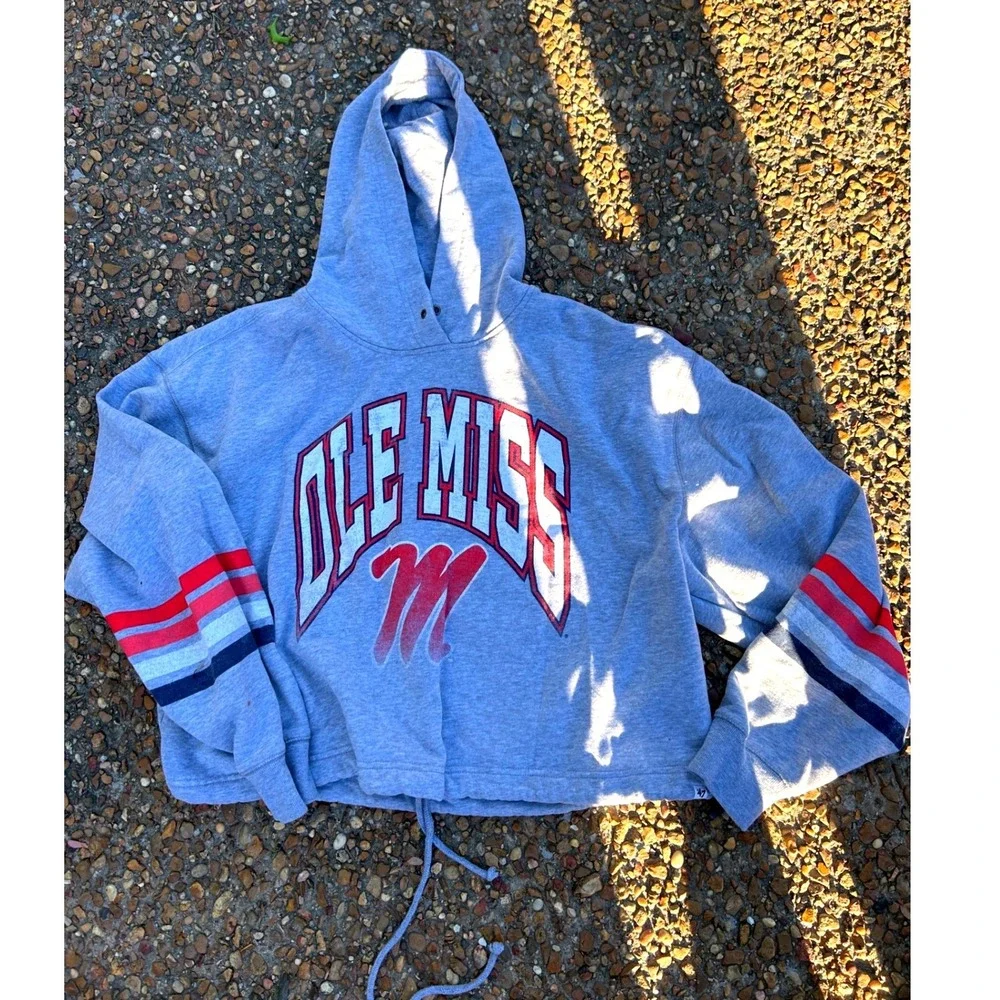 '47 Brand Ole Miss Rebels Hoodie Women XL‎ Grey Good Cropped Striped Sleeve